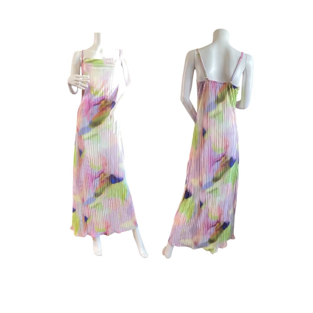 Cowl Neck Printed Plisse Maxi Dress Sleeveless Summer Beach Small